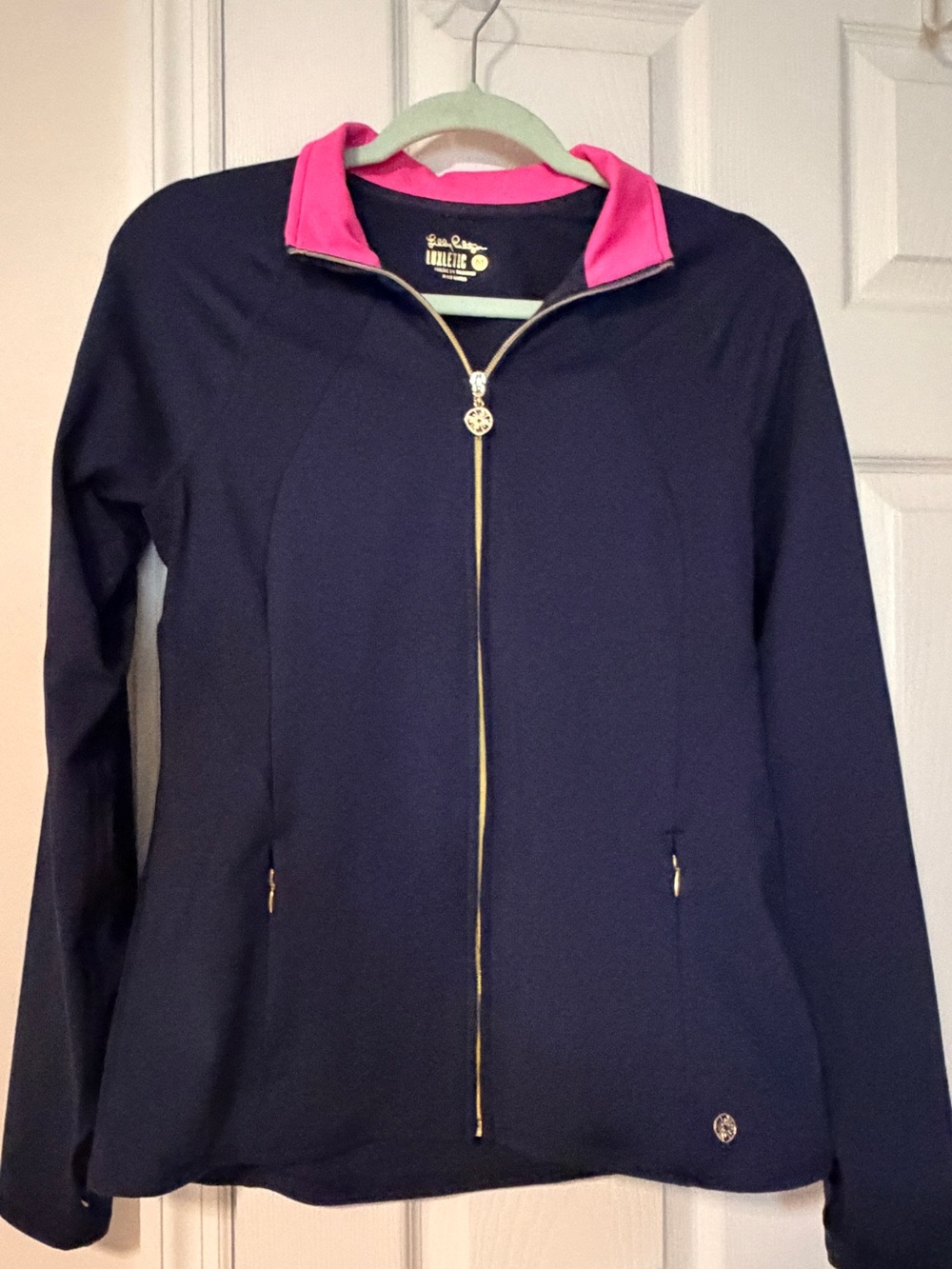 Lilly Pulitzer Luxletic Navy Jacket with Pink Collar and Gold Zipper